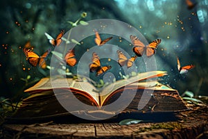 Fantasy book, Butterflies Flying Out Of Open Book background or wallpaper, fairy tale book concept