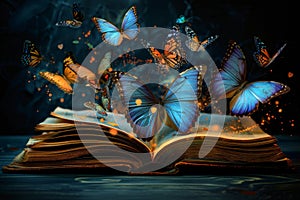 Fantasy book, Butterflies Flying Out Of Open Book background or wallpaper, fairy tale book concept