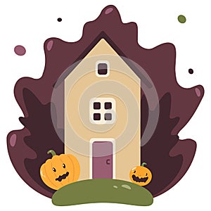 Fantasy boot cottage on a colorful meadow with ivy and pumpkins
