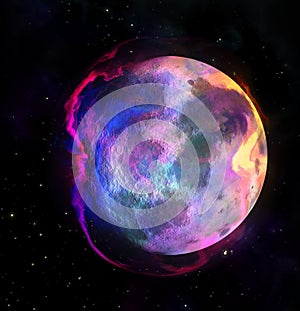 Fantasy bright blue pink planet, 3D illustration abstract moon with spirit flame