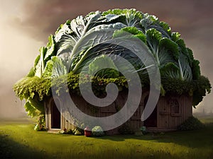 Fantasy cabbage-lookalike house in a fairytale garden