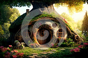 fantasy cabin in magic forest, idyllic fairytale house in tree trunk overgrown with flowers. generative AI