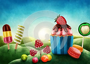 Fantasy candyland with cupcake photo