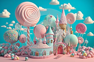 Fantasy candyland in pink and blue color, ai generative photo