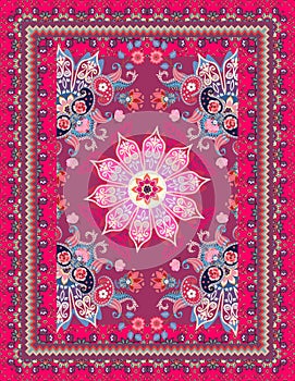 Fantasy carpet or pashmina with flowers, mandala, paisley, butterflies and ornamental frame in oriental style. Indian motives