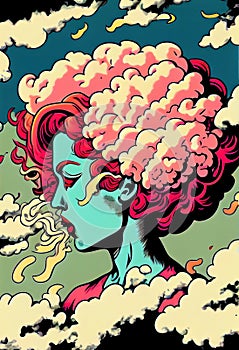 Fantasy cartoon clouds in the sky as womans hair abstract background.
