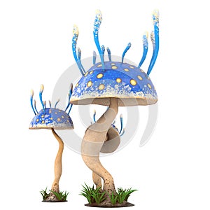 Fantasy cartoon mushrooms on an isolated white background. 3d illustration