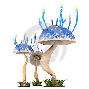 Fantasy cartoon mushrooms on an isolated white background. 3d illustration