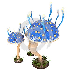 Fantasy cartoon mushrooms on an isolated white background. 3d illustration