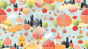Fantasy cartoon pattern with fruits, houses and castles.
