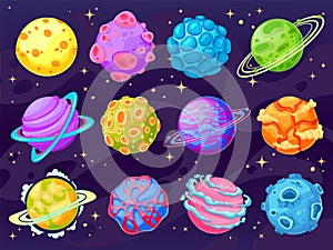 Fantasy cartoon planets. Multicolor cosmic planet objects for game design, fantastic galaxy world space universe ui