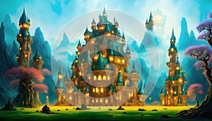 Fantasy Castle city anime art of magestic fortess in fairy land royal background ai generated