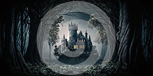 fantasy castle in dark forest