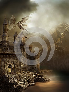 Fantasy castle with a dragon photo