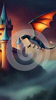 Fantasy castle with dragon wallpaper for Notebook cover, I pad, I phone, mobile high quality images.