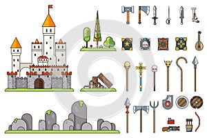 Fantasy Castle Game Weapons Screen Concept Adventurer RPG Flat Design Magic Fairy Tail Icon Template Vector photo