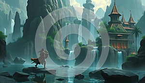 Fantasy castle landscape art, magical world, fairytale, adventure, dreamlike, Stock Photo, Generative AI photo