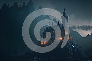 Fantasy castle in the mountains at night. 3D illustration.