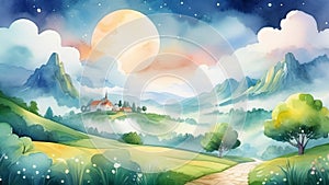 Fantasy castle in the mountains. Watercolor painting. AI generated