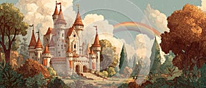 Fantasy Castle with Rainbow at Sunset