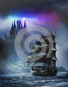 Fantasy castle and sailboat