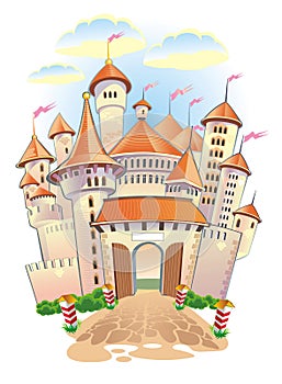Fantasy castle with towers and flags