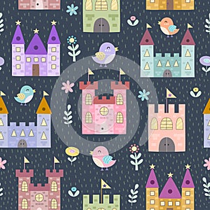 Fantasy castles and little birds seamless pattern
