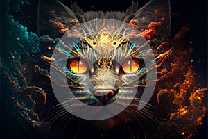 Fantasy cat with fire effect on a dark background. 3d rendering