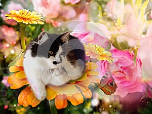 Fantasy cat on flower with butterfly