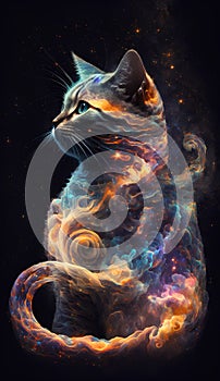 Fantasy cat with smoke in the galaxy. Colorful illustration.