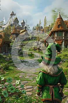 Fantasy character in green cloak, picturesque village, storybook setting, lush landscape, digital art