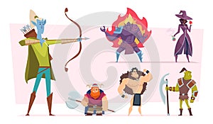 Fantasy characters. Fairytale humans and creatures elf orc demon giant vector cartoon personages