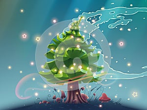 Fantasy Christmas tree with snowflakes for new year greeting card in vector. Magic winter illustration with tree and glowing stars