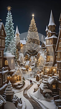 Fantasy Christmas village illustration showing a vintage town with towering Christmas trees