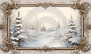 Fantasy christmas vintage frame with snow-covered castle in a winter forest is a fairytale christmas scene.