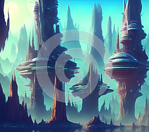 Fantasy City on Alien Planet, Generative AI Illustration