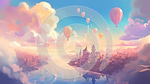Fantasy city on a riverside with air balloons flying among pink clouds. Lucid dreaming inspiration. Generative AI photo