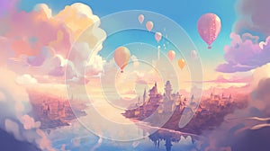 Fantasy city on a riverside with air balloons flying among pink clouds. Lucid dreaming inspiration. Generative AI