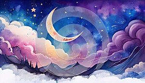 Fantasy cloudscape with stars and crescent moon watercolor paper background