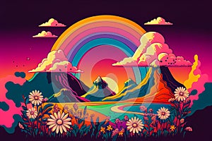 Fantasy colorful landscape with meadow and mountains created with generative Ai techonology
