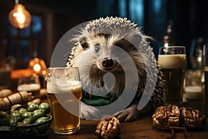 Fantasy Composition with Hedgehog Bartender Serving Beer
