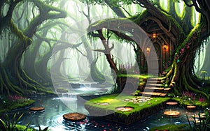 Fantasy concept background of house tree environment in the forest