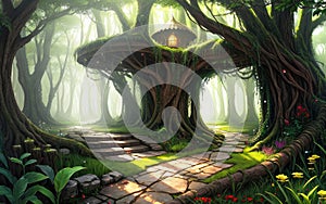 Fantasy concept background of house tree environment in the forest