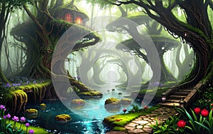 Fantasy concept background of house tree environment in the forest