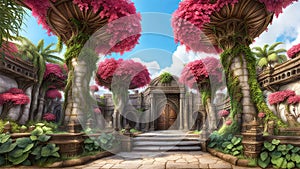 Fantasy concept background outdoor exterior luxurious hidden magical old architectural castle environment