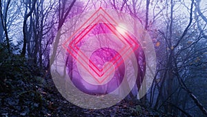 A fantasy concept of glowing square portal in a forest. On a misty spooky winters evening