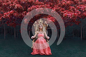 Fantasy concept of queen sitting on the throne in magical forest