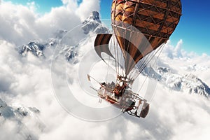 Fantasy concept of a steam powered balloon craft airship sailing through a sea of clouds