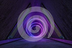 Fantasy concrete tunnel building with glowing neon light. 3d rendering