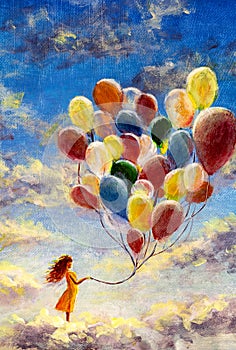 Oil painting young woman girl with multicolored balloons stands on cloud in sky.
